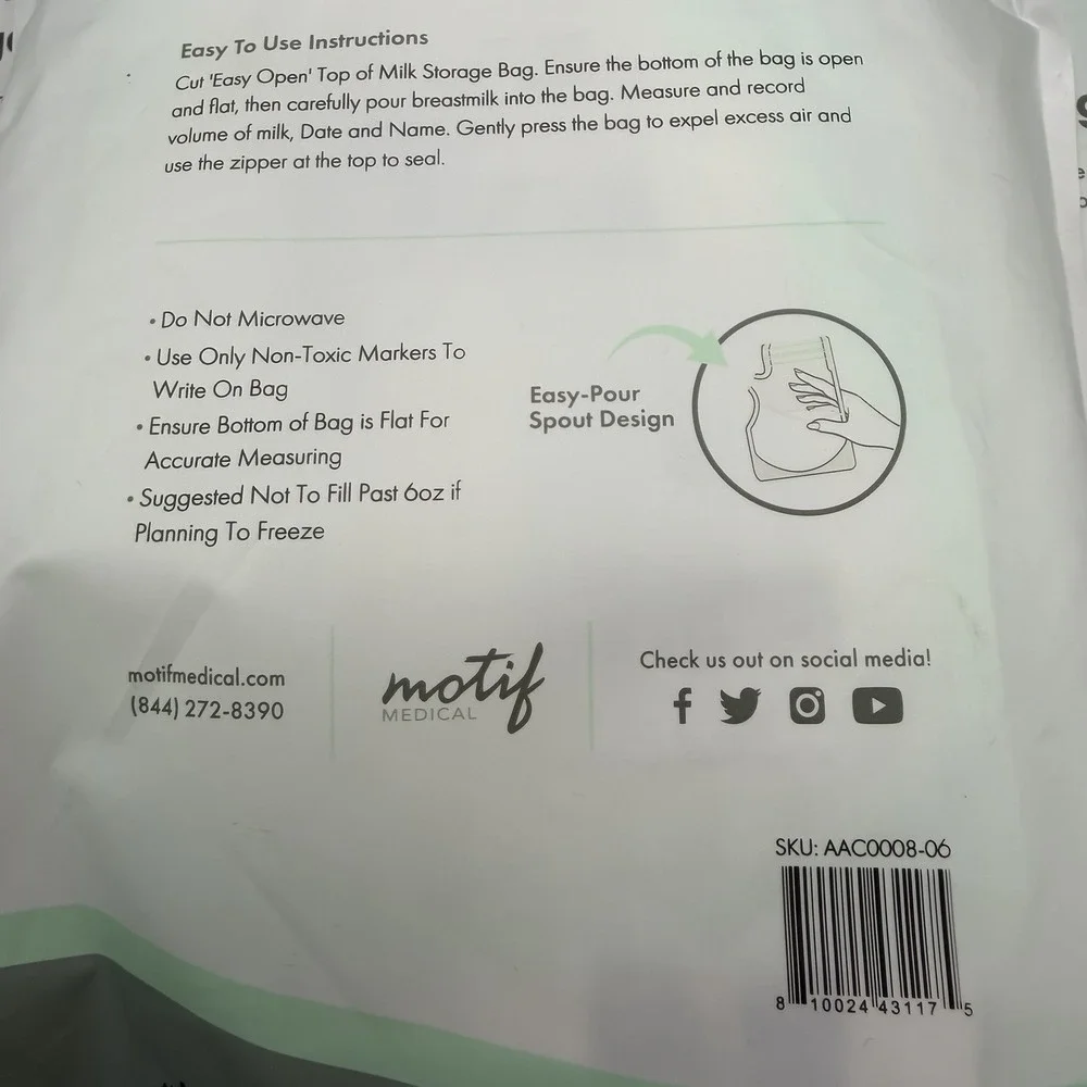 Motif Medical Breast Milk Storage Bags 8oz Single Use Bags 100 count BPA-Free
